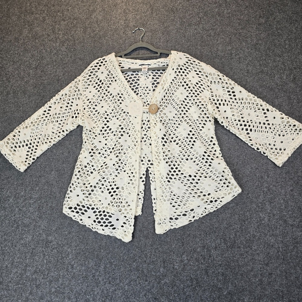 Mirror Image Crochet Blouse Top Womens Large White Floral Acrylic Open Knit